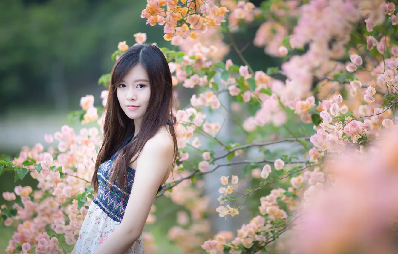 Photo wallpaper happiness, smile, Asian, fragile, beautiful girl, posing, sundress, charm