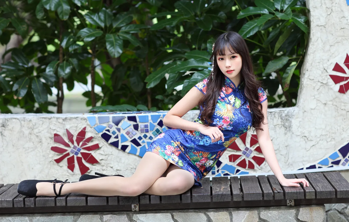 Photo wallpaper legs, Asian, cutie, beautiful girl, asian, cutie, asian girls, sitting on a bench