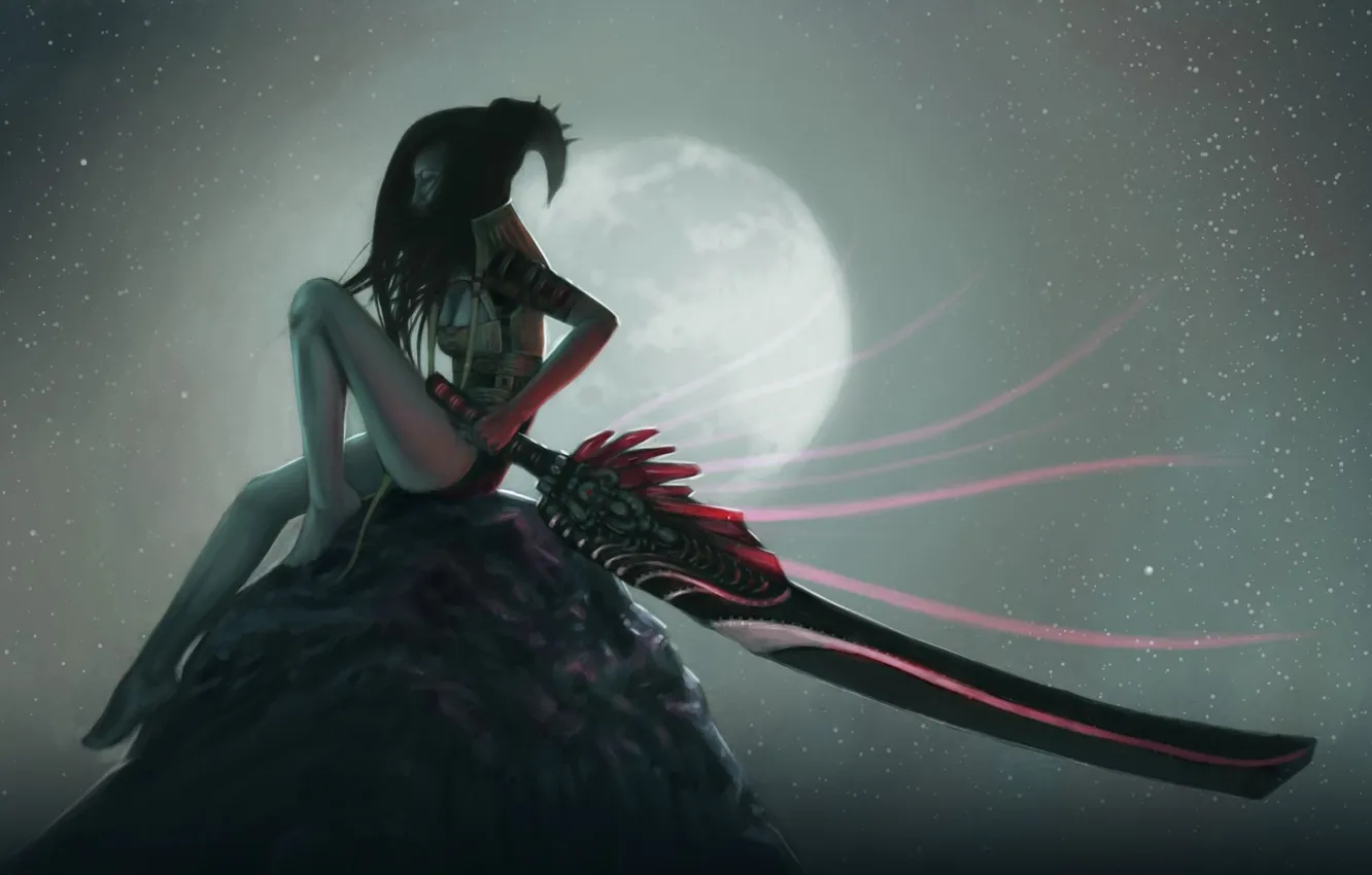 Photo wallpaper girl, stars, mountains, the moon, greatsword