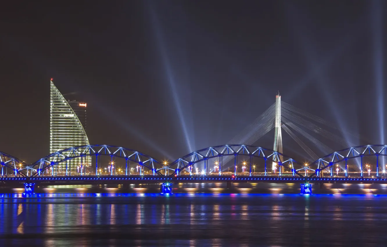 Photo wallpaper rays, bridge, river, Riga, cable-stayed bridge
