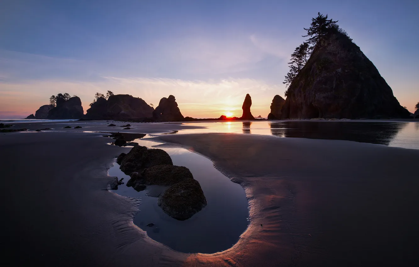 Photo wallpaper beach, water, trees, stones, the ocean, rocks, the evening, Washington