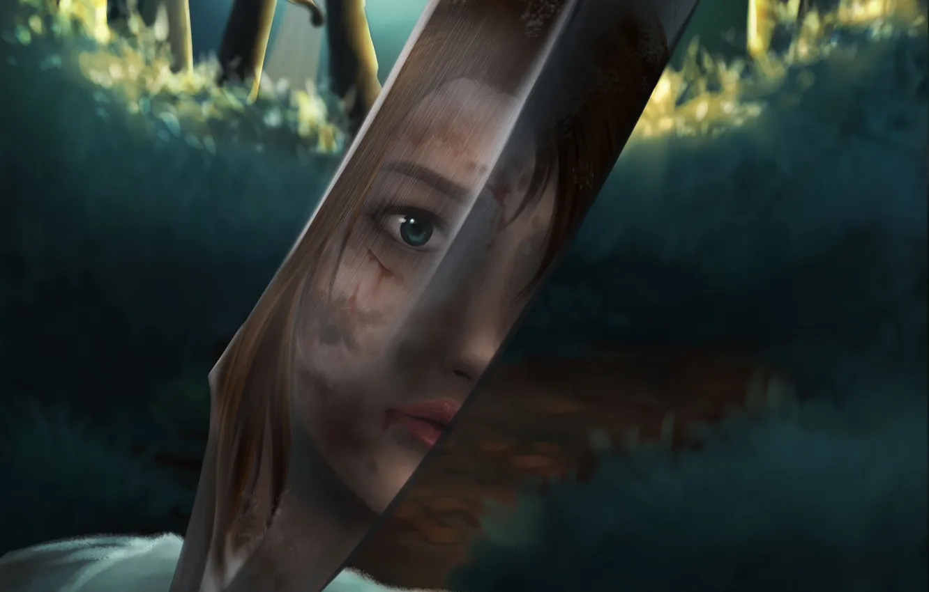 Photo wallpaper look, face, reflection, art, knife, Tomb Raider, Lara Croft, girl game