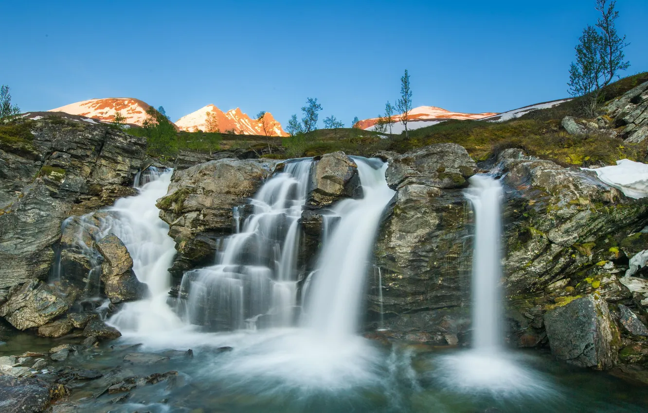 Photo wallpaper mountains, nature, river, rocks, waterfall