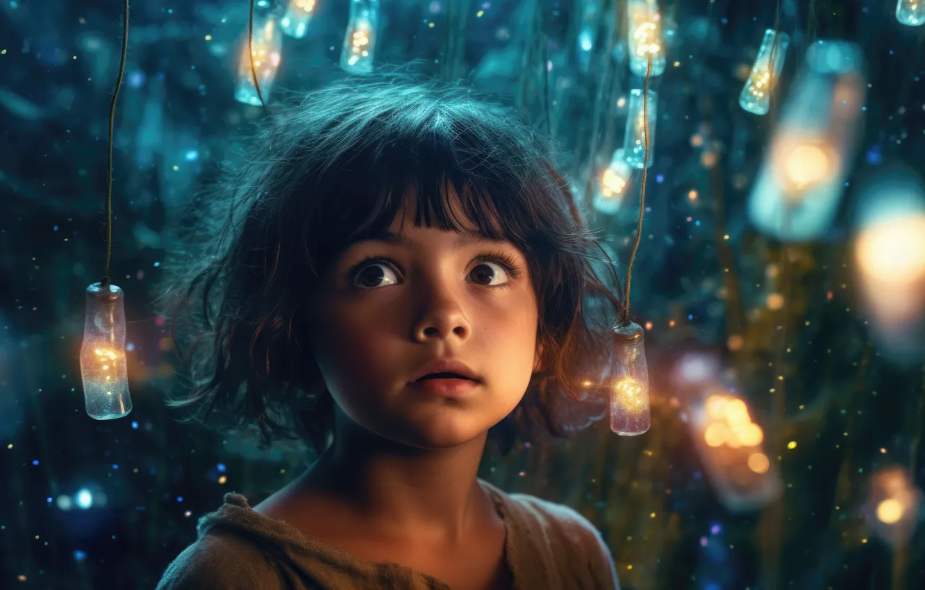 Photo wallpaper look, light, children, face, glare, lights, emotions, wire