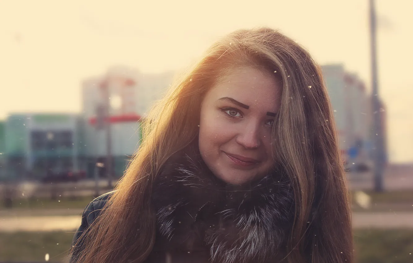 Photo wallpaper girl, snow, smile, portrait, glow, wallpaper