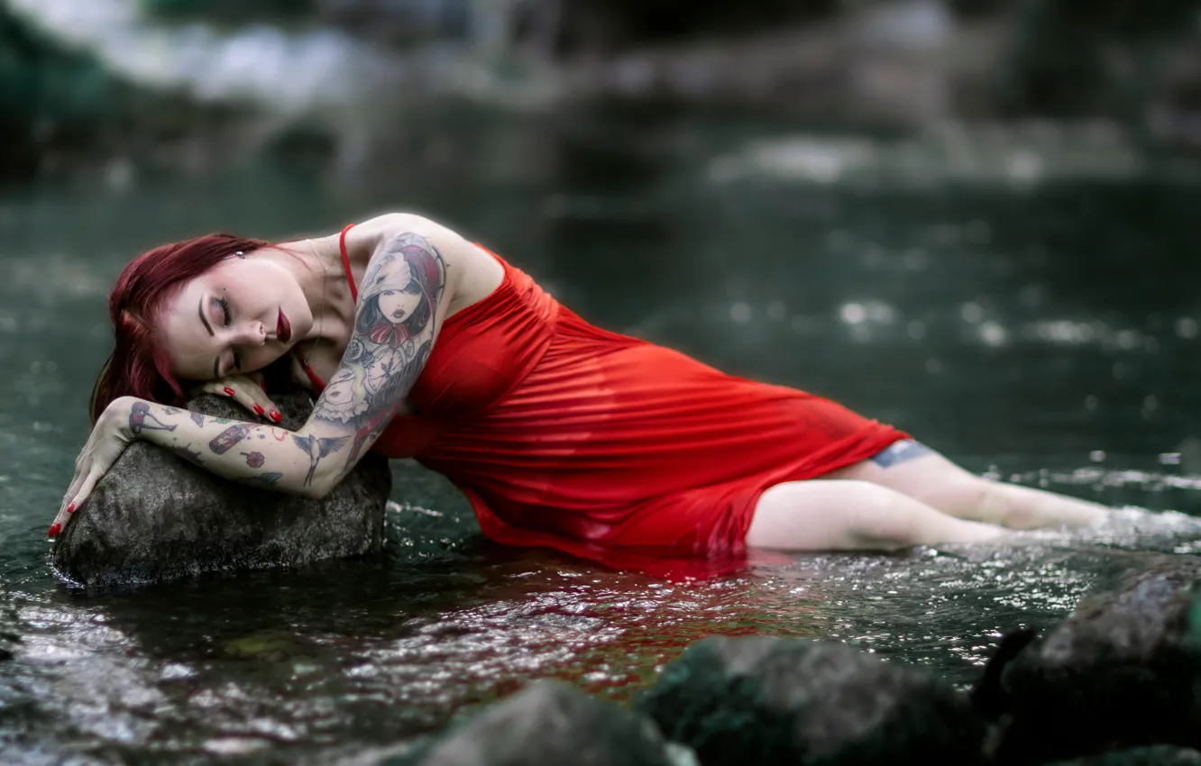 Photo wallpaper girl, river, tattoo