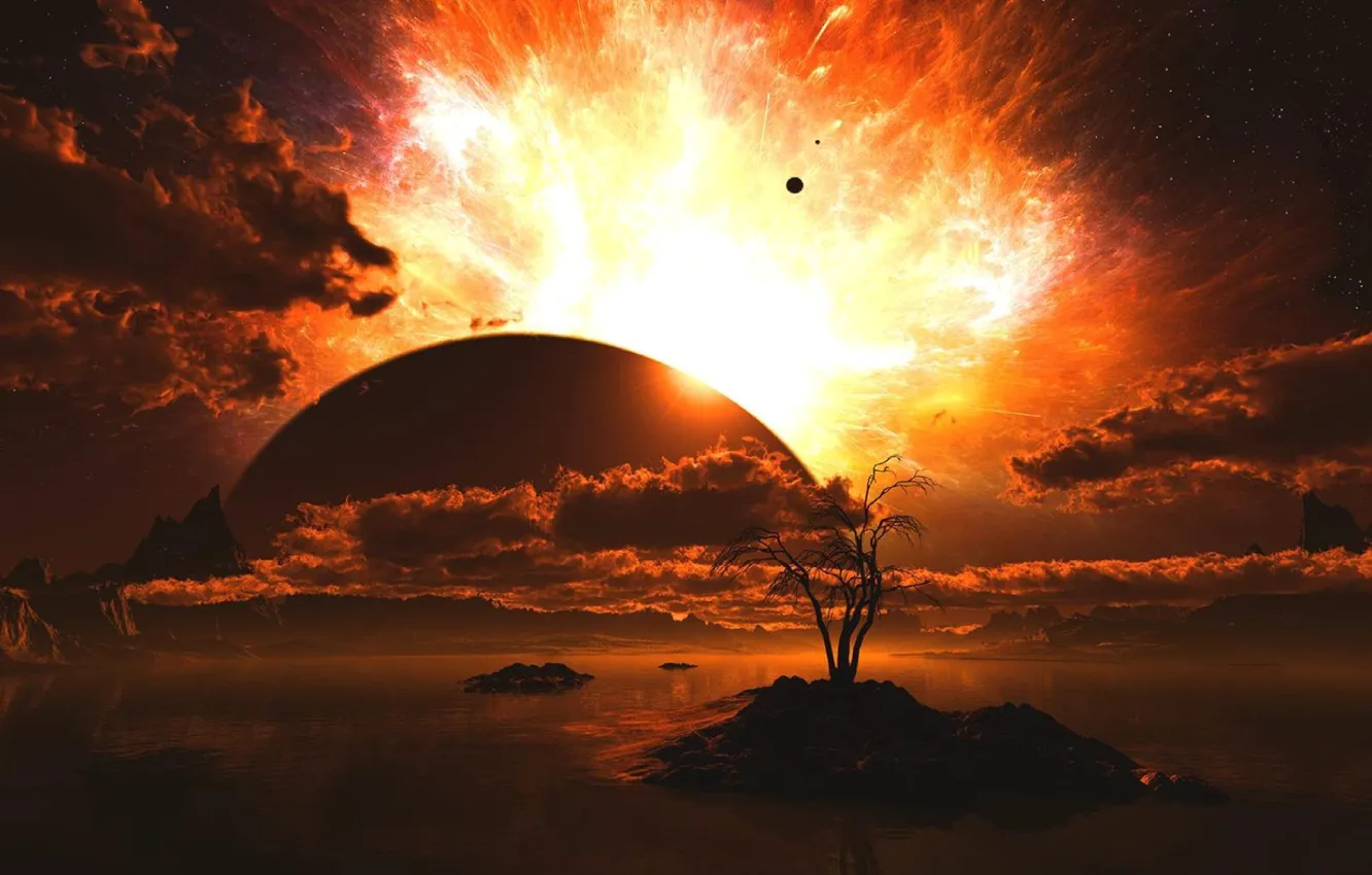 Photo wallpaper the sky, water, clouds, trees, red, lights, rocks, island