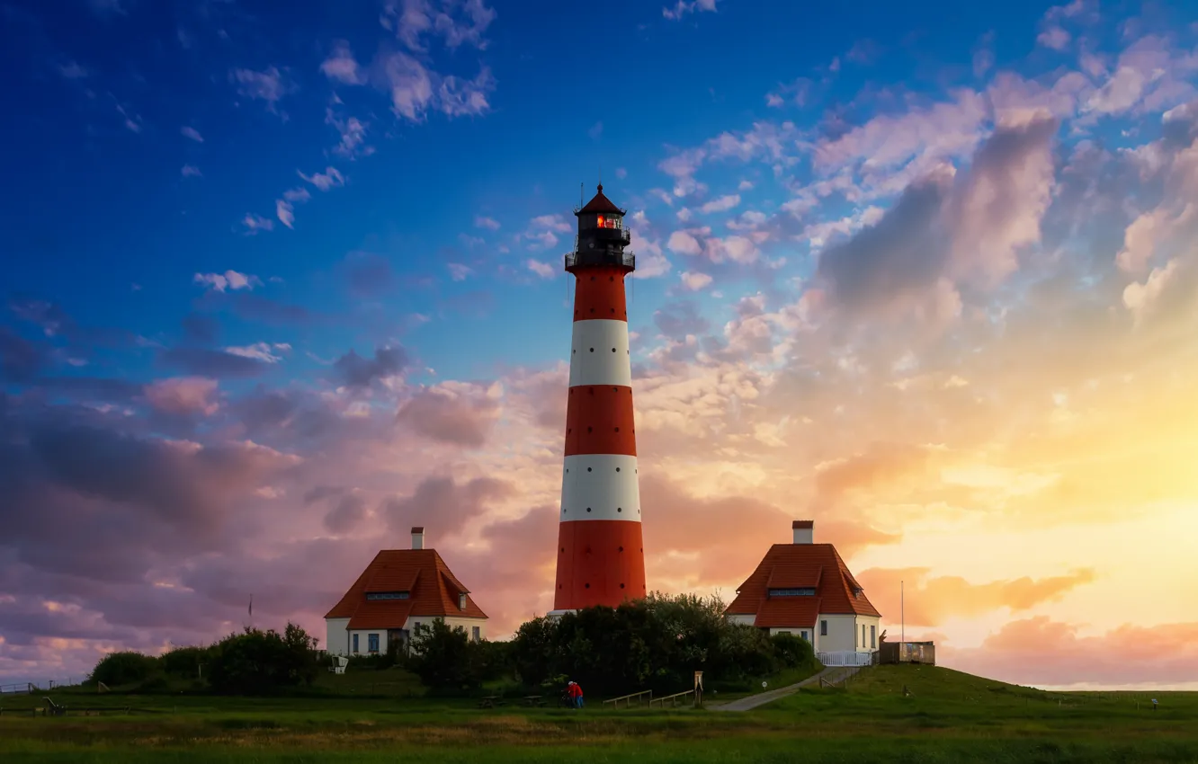 Photo wallpaper the sky, grass, sunset, lighthouse, the evening, roof, house, Germany