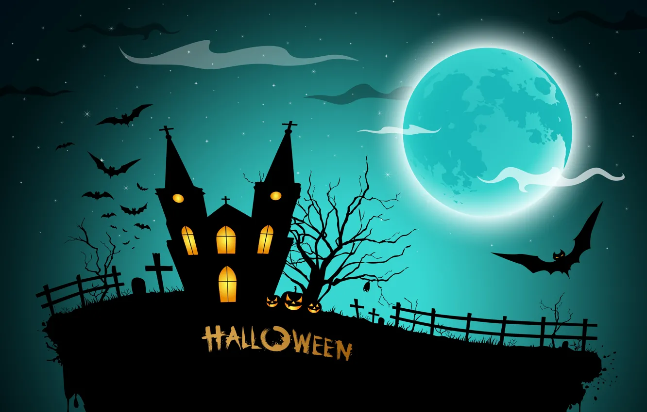 Photo wallpaper house, cemetery, pumpkin, horror, horror, Halloween, house, scary