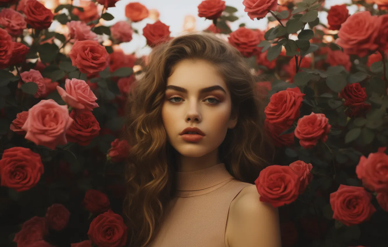 Photo wallpaper summer, look, girl, flowers, red, face, portrait, roses