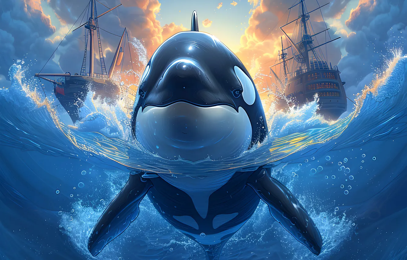 Photo wallpaper sea, ship, sailboat, whale, digital art, AI art, The Art of Artificial Intelligence, neural network