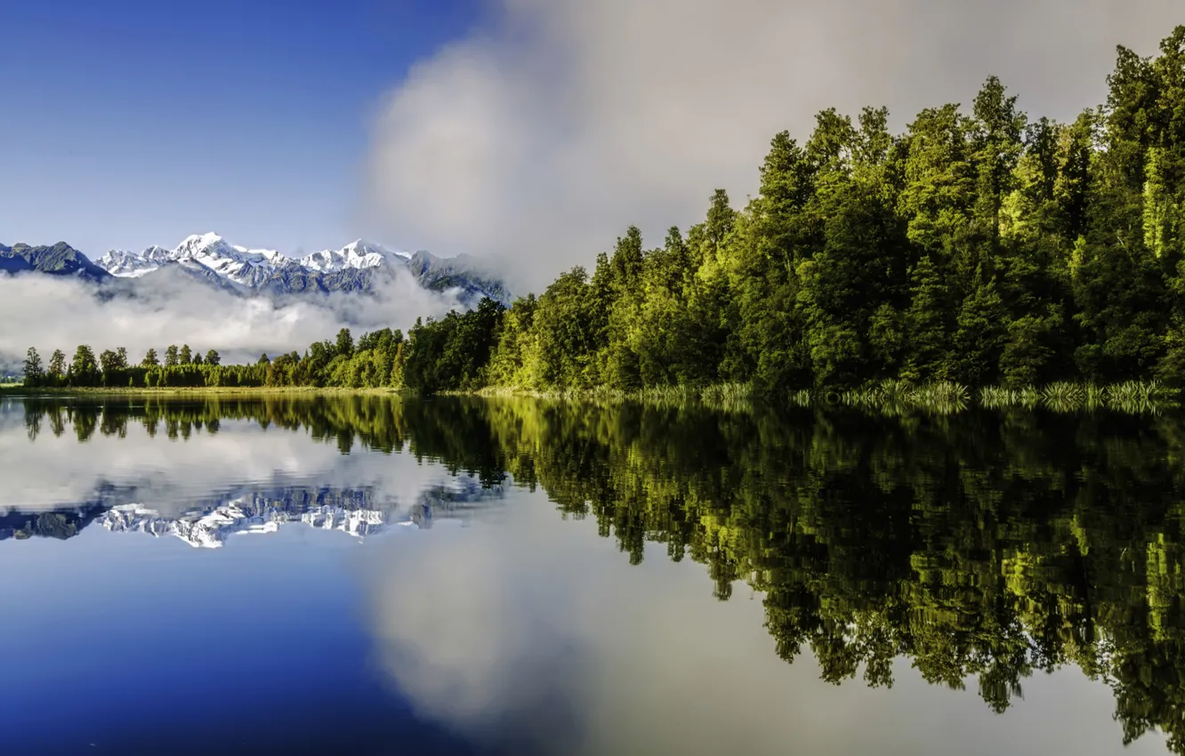 Photo wallpaper forest, mountains, lake, reflection, New Zealand, New Zealand, Lake Matheson, Southern Alps