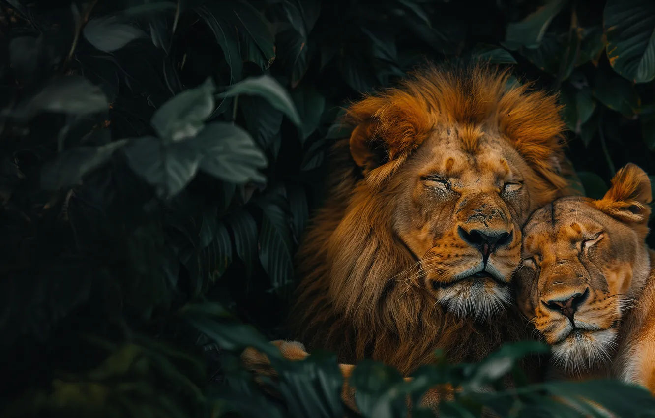 Photo wallpaper predator, Leo, two, lioness, big cats, digital art, AI art, The Art of Artificial Intelligence