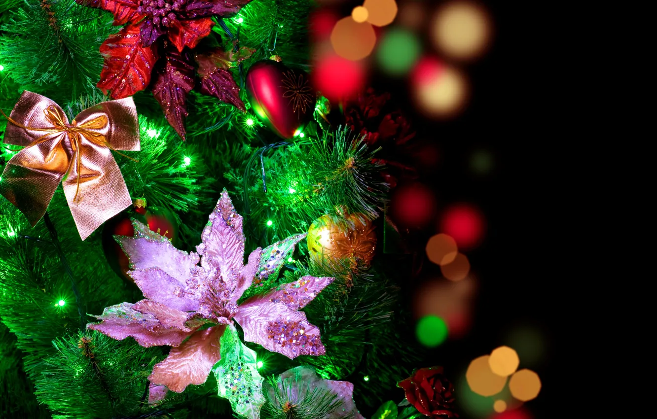 Photo wallpaper decoration, flowers, glare, holiday, balls, lights, New year, bows