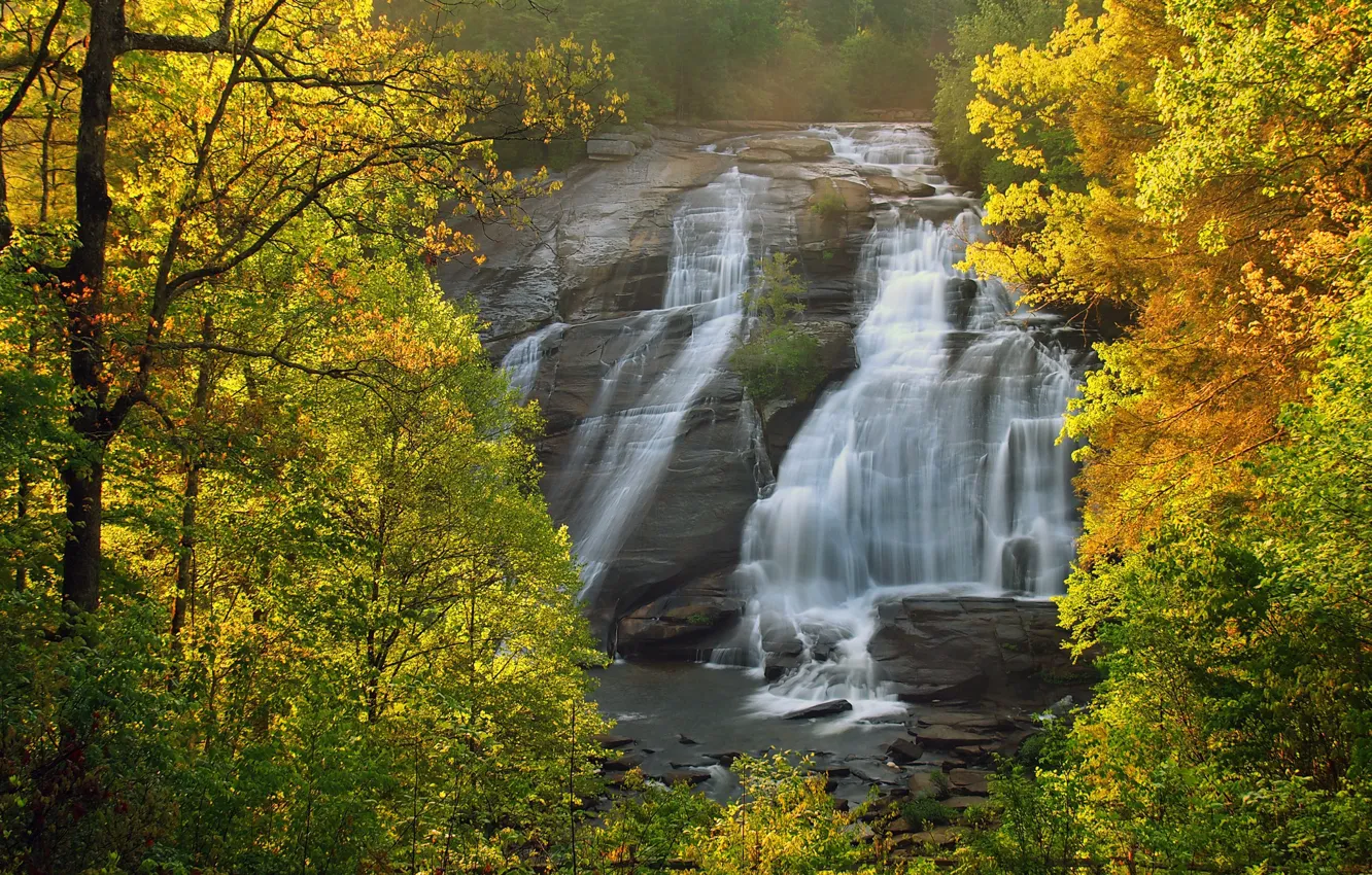 Photo wallpaper autumn, trees, landscape, rock, waterfall