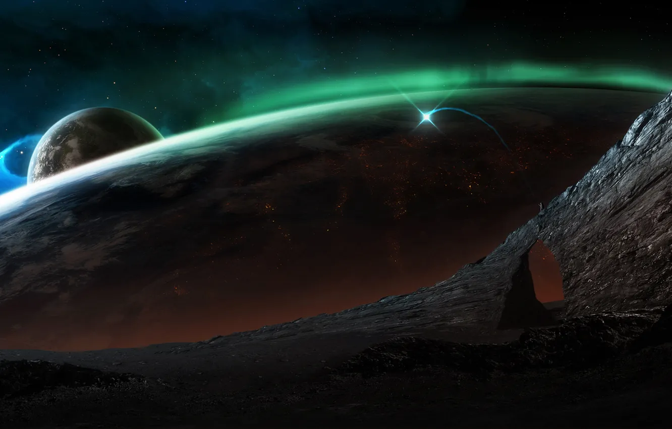 Photo wallpaper space, surface, lights, planet
