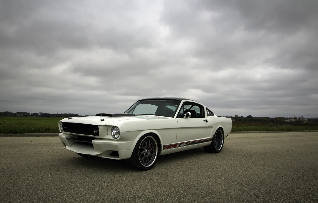 Photo wallpaper Mustang, Ford, white, Ford Mustang, Blizzard, road, Front, Fastback