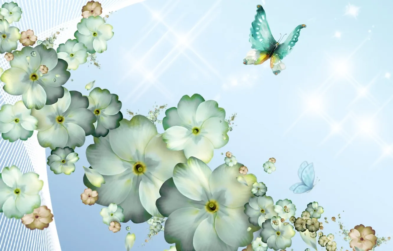 Photo wallpaper flowers, rendering, background, fantasy, collage, butterfly, figure, spring