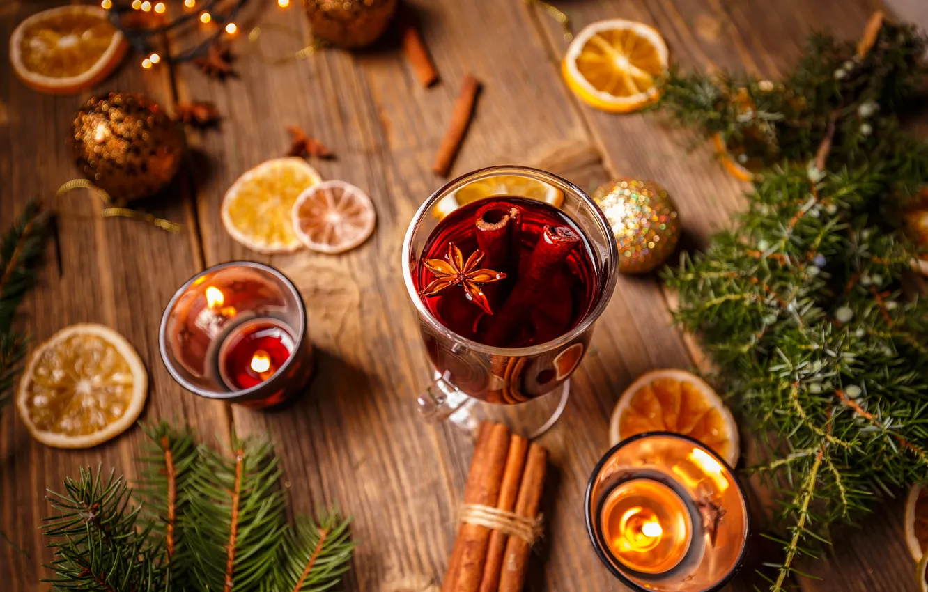 Photo wallpaper balls, branches, glass, Board, glass, new year, orange, candles