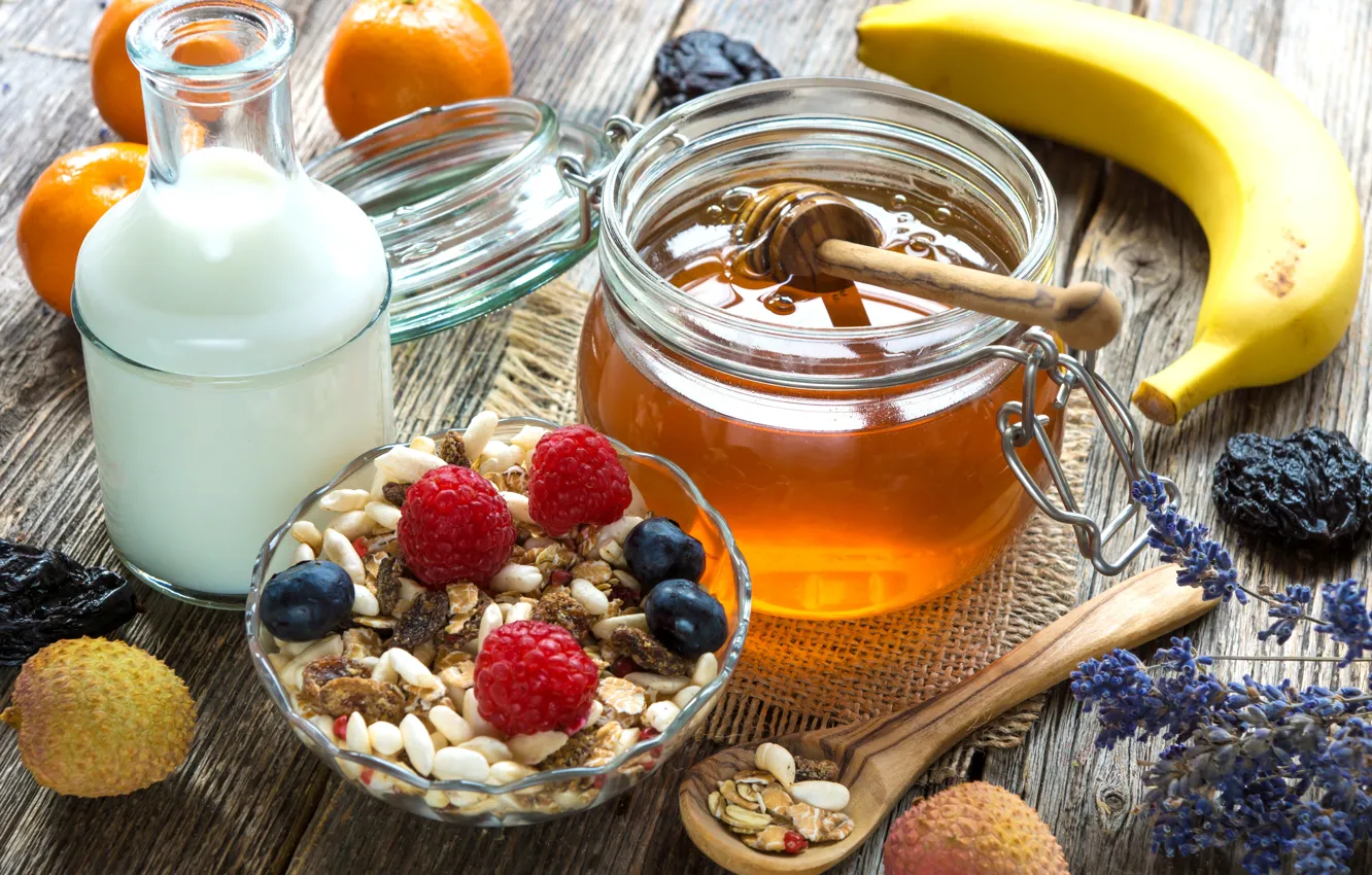 Photo wallpaper raspberry, Breakfast, blueberries, honey, bananas, tangerines, muesli, yogurt