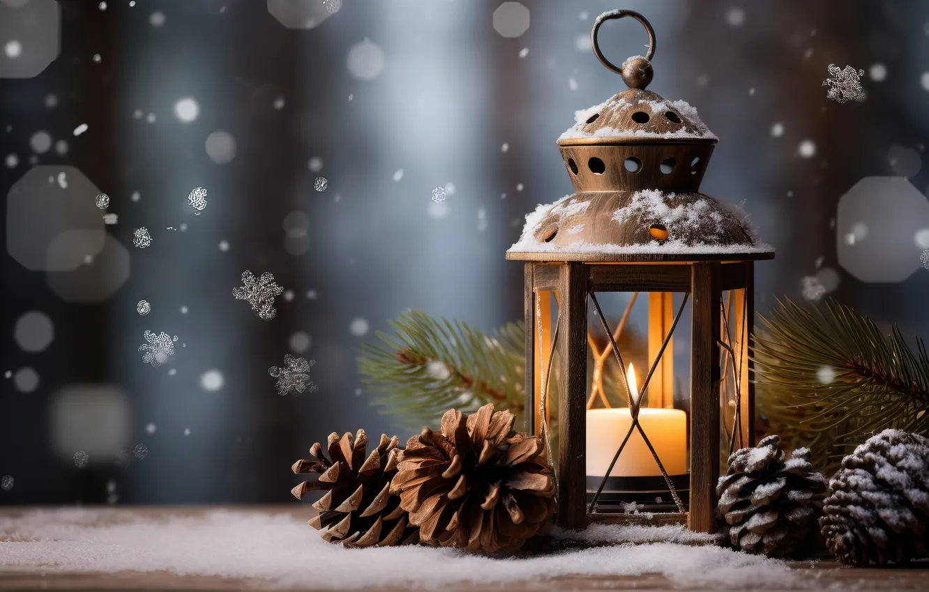Photo wallpaper winter, snow, night, new year, Christmas, lights, Christmas, night