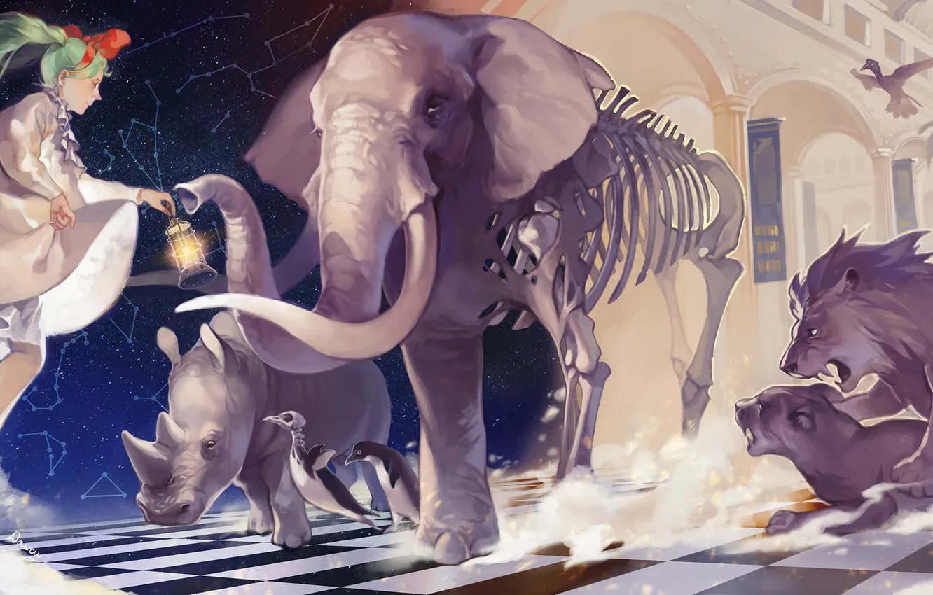 Photo wallpaper girl, tiger, animal, bird, elephant, dinosaur, Leo, penguins