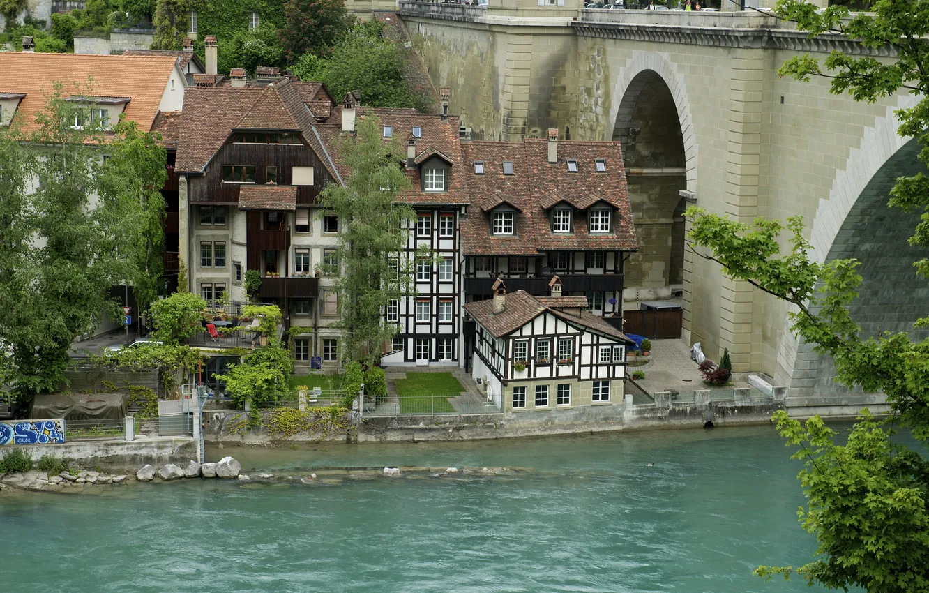 Photo wallpaper trees, bridge, river, home, Switzerland, support, Bern