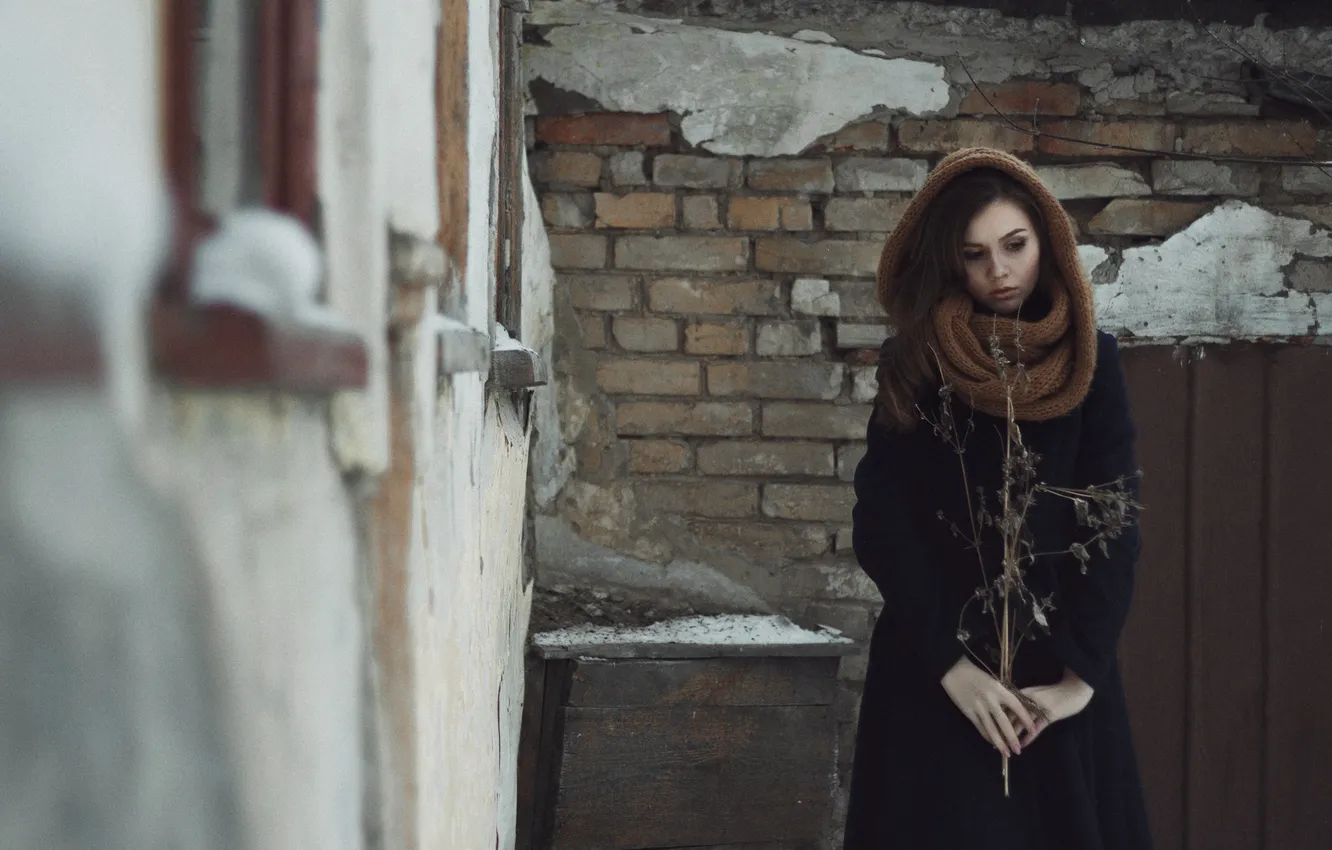 Photo wallpaper sadness, girl, mood, model, portrait, scarf, wall, brown hair