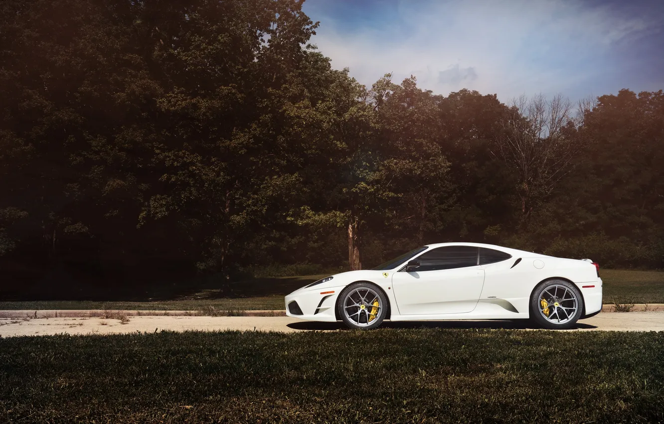 Photo wallpaper road, forest, white, the sky, clouds, trees, lawn, profile