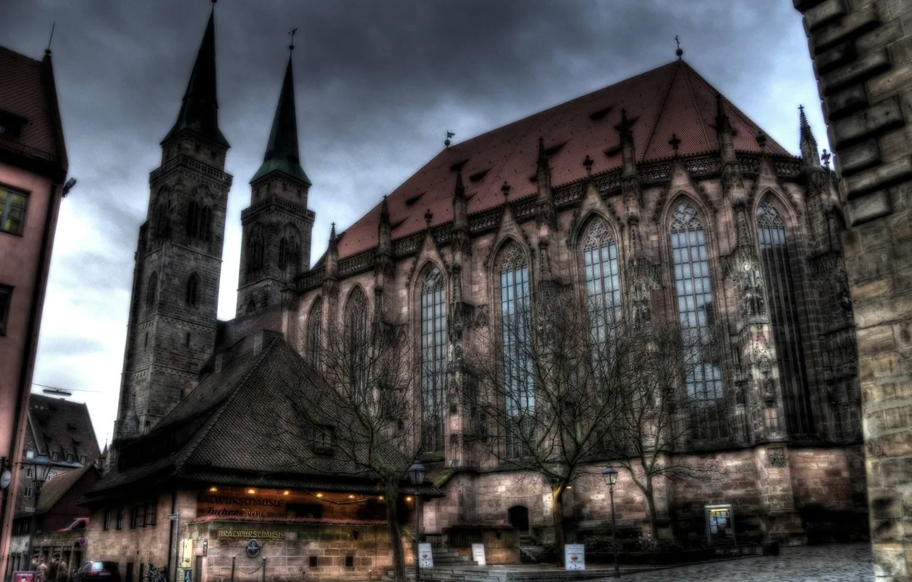 Photo wallpaper trees, the city, castle, the evening