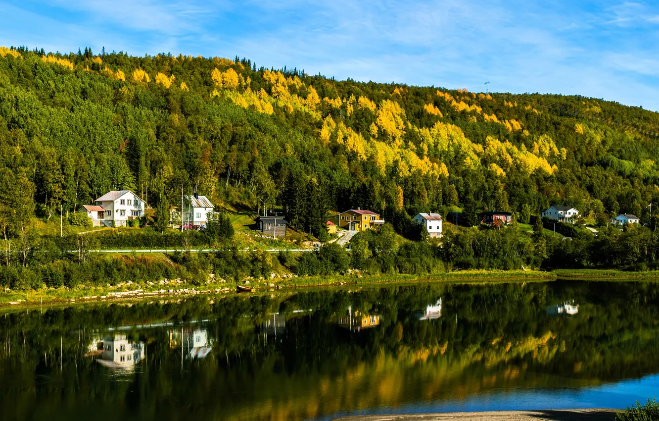 Photo wallpaper forest, the sky, trees, reflection, home, slope, Bay, Norway