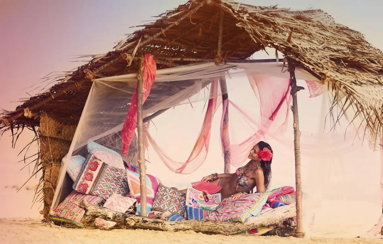 Photo wallpaper girl, pillows, the hut