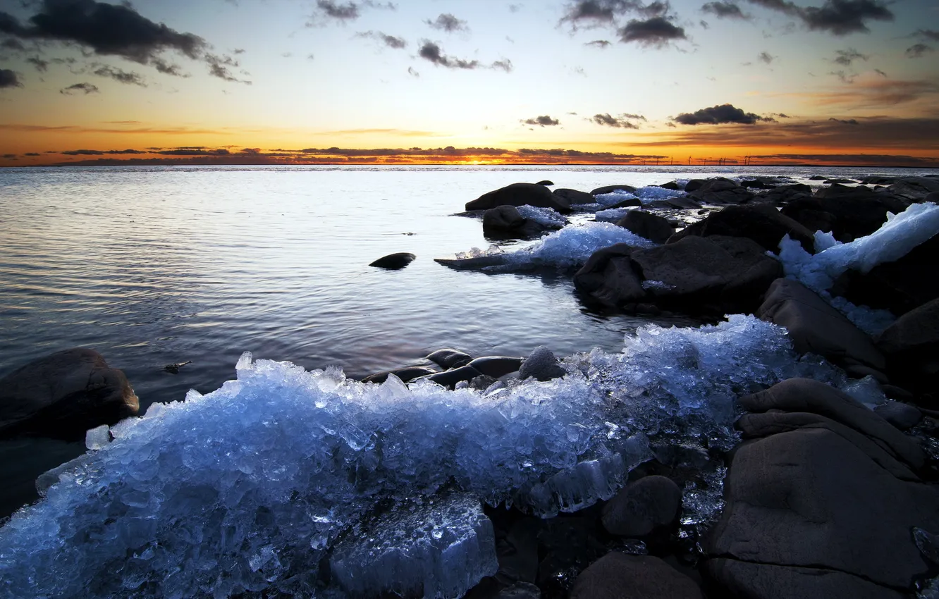 Photo wallpaper sea, the sky, landscape, sunset, stones, ice