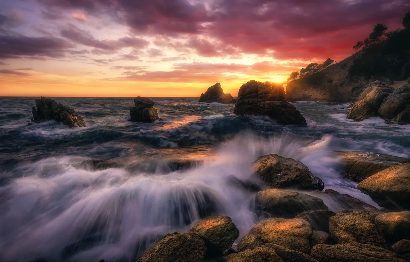 Photo wallpaper sea, wave, the sky, stones, surf, Costa Brava