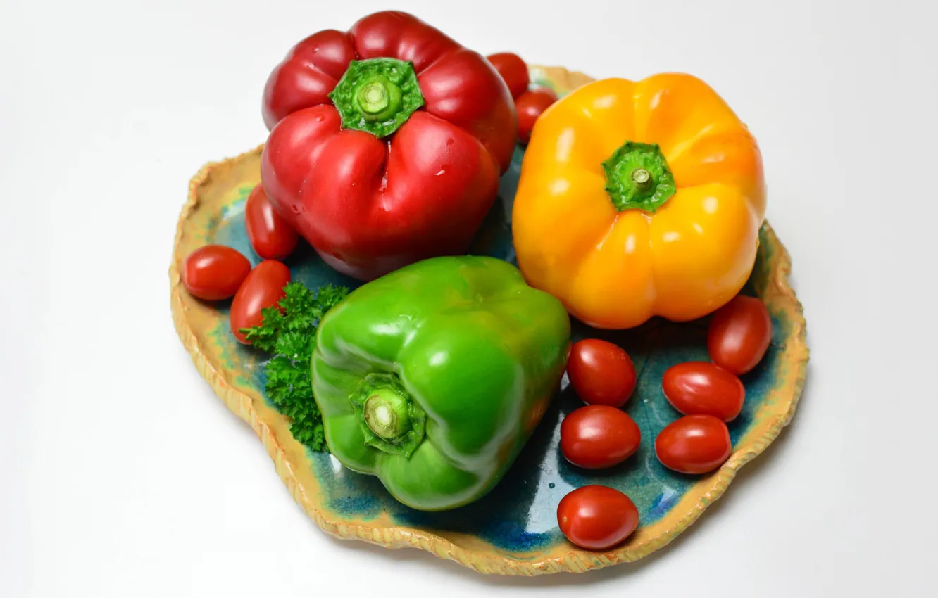 Photo wallpaper background, food, Board, pepper, trio, vegetables, tomatoes, bell pepper