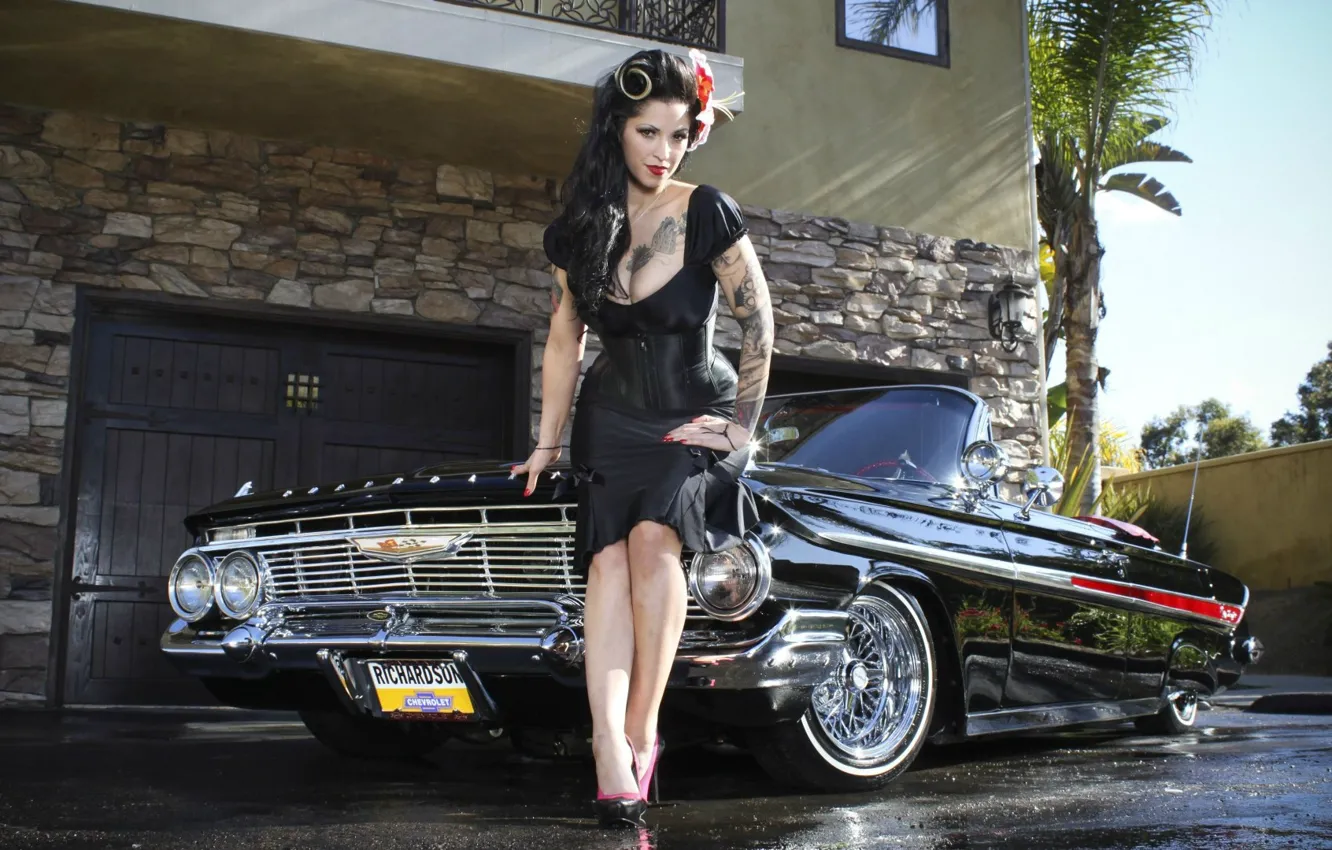 Photo wallpaper car, girl, pin up, tattoo, Chevrolet Impala