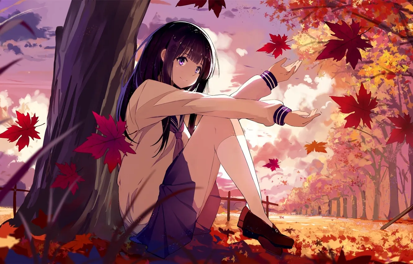 Photo wallpaper autumn, schoolgirl, maple, falling leaves, art, the trunk of the tree, sailor, hyouk