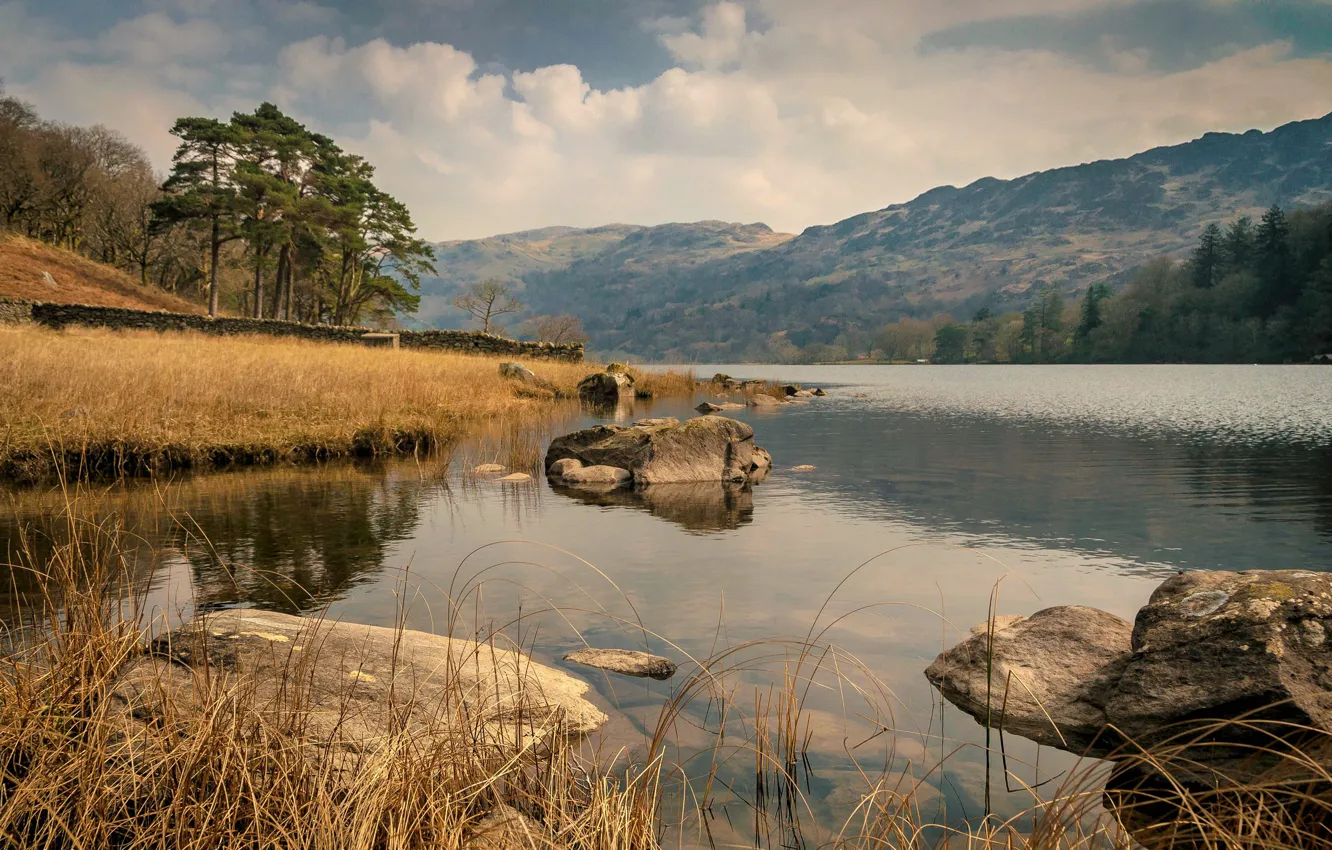 Photo wallpaper trees, mountains, nature, lake, stones, Wales, Llyn Gwynant