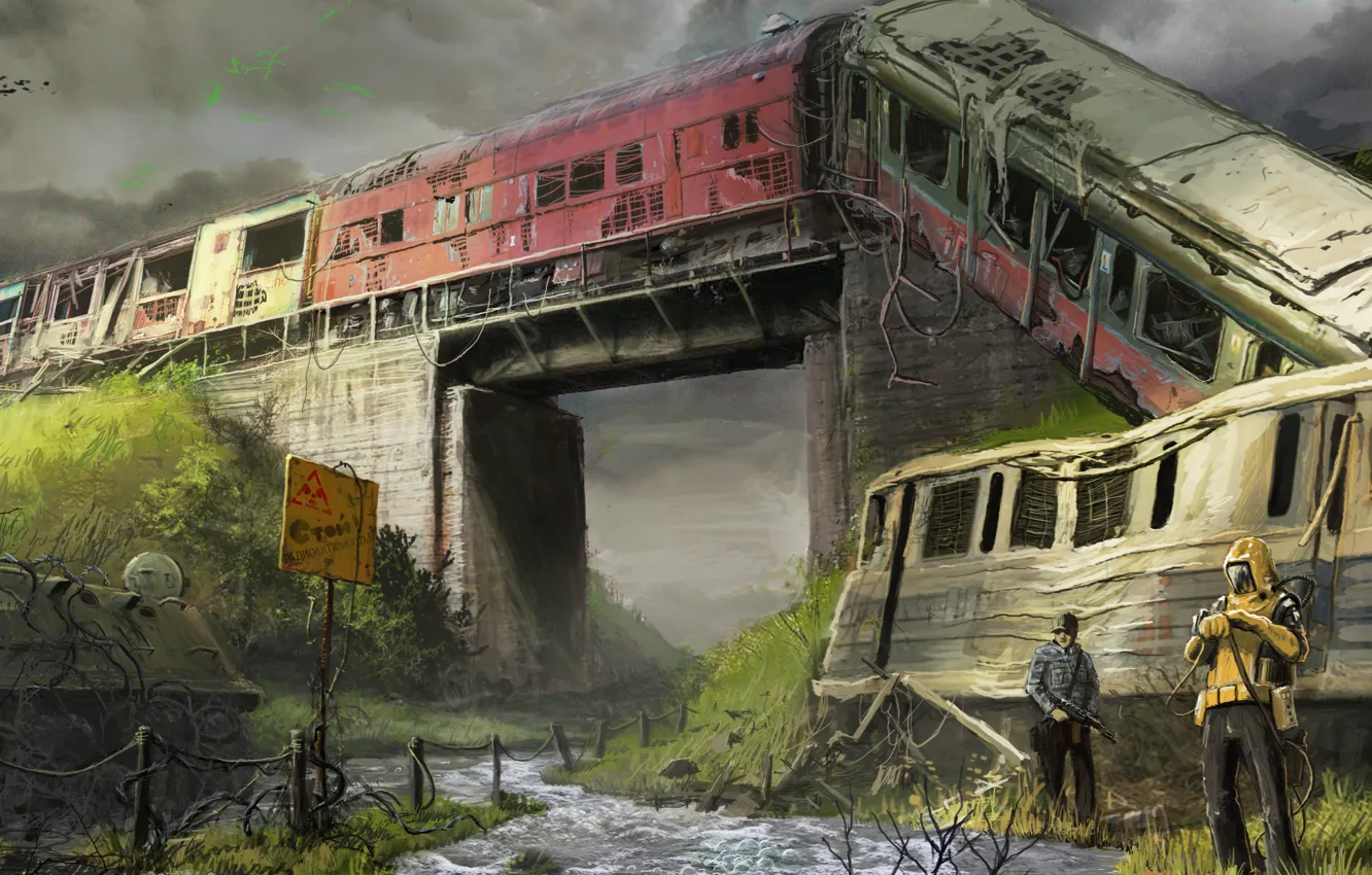 Photo wallpaper road, bridge, train, dog, tank, Stalker