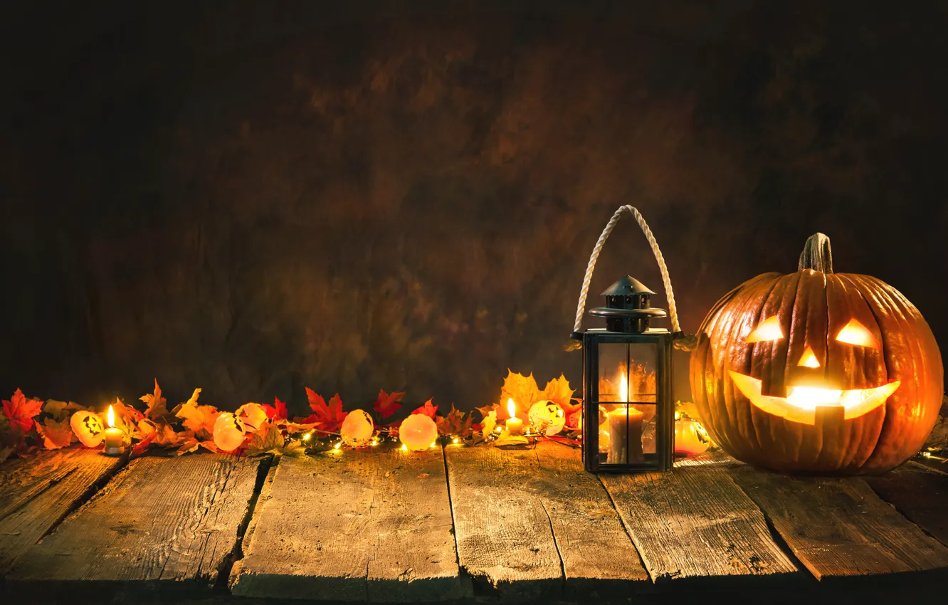 Photo wallpaper autumn, leaves, smile, candles, Halloween, pumpkin, Halloween, Autumn