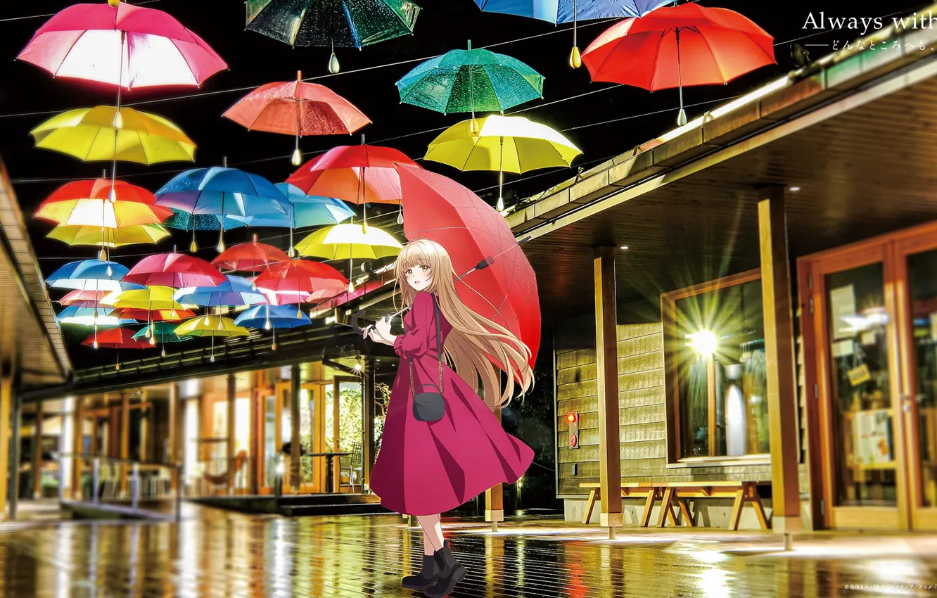 Photo wallpaper girl, rain, street, the evening, umbrella, Otonari no Tenshi-sama ni Itsunomanika Dame Ningen, Mahiru Shiina