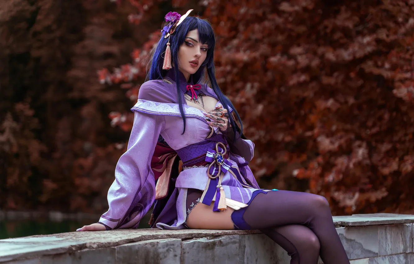 Photo wallpaper stockings, cosplay, cosplay, xenon, Genshin Impact, Alin Ma, Raiden Shogun, Cosplay Girl