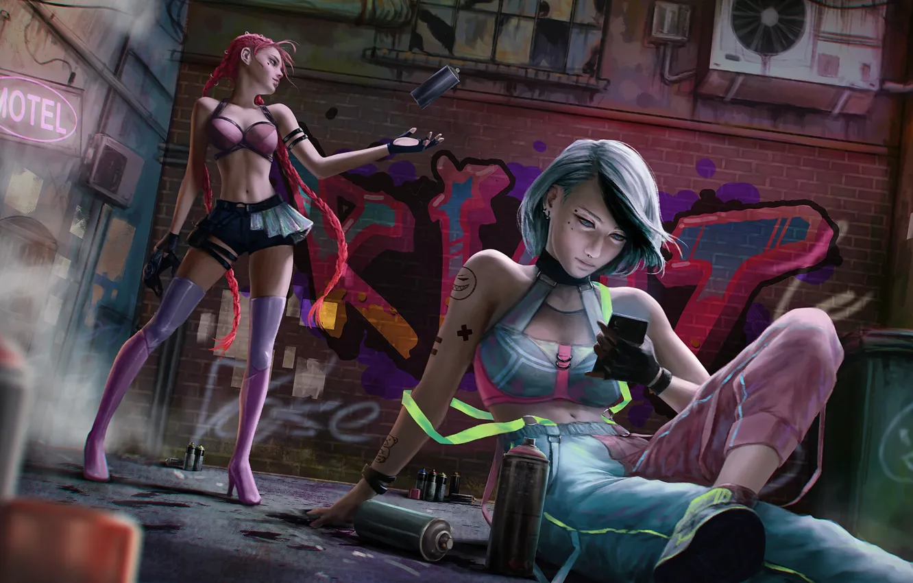 Photo wallpaper look, two girls, gesture, gadget, Motel, riot, sitting on the pavement, long-legged beauty