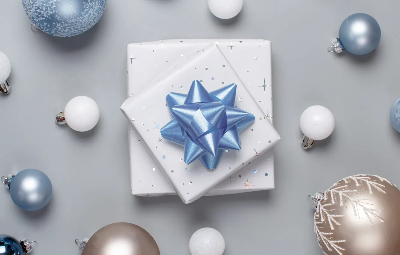 Photo wallpaper balls, decoration, holiday, box, gift, blue, balls, new year