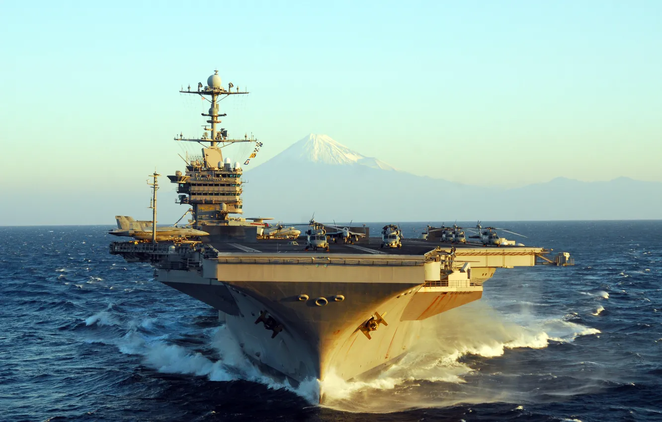Photo wallpaper sea, wave, mountains, the carrier, George Washington, USS, type "Nimitz", (CVN-73)