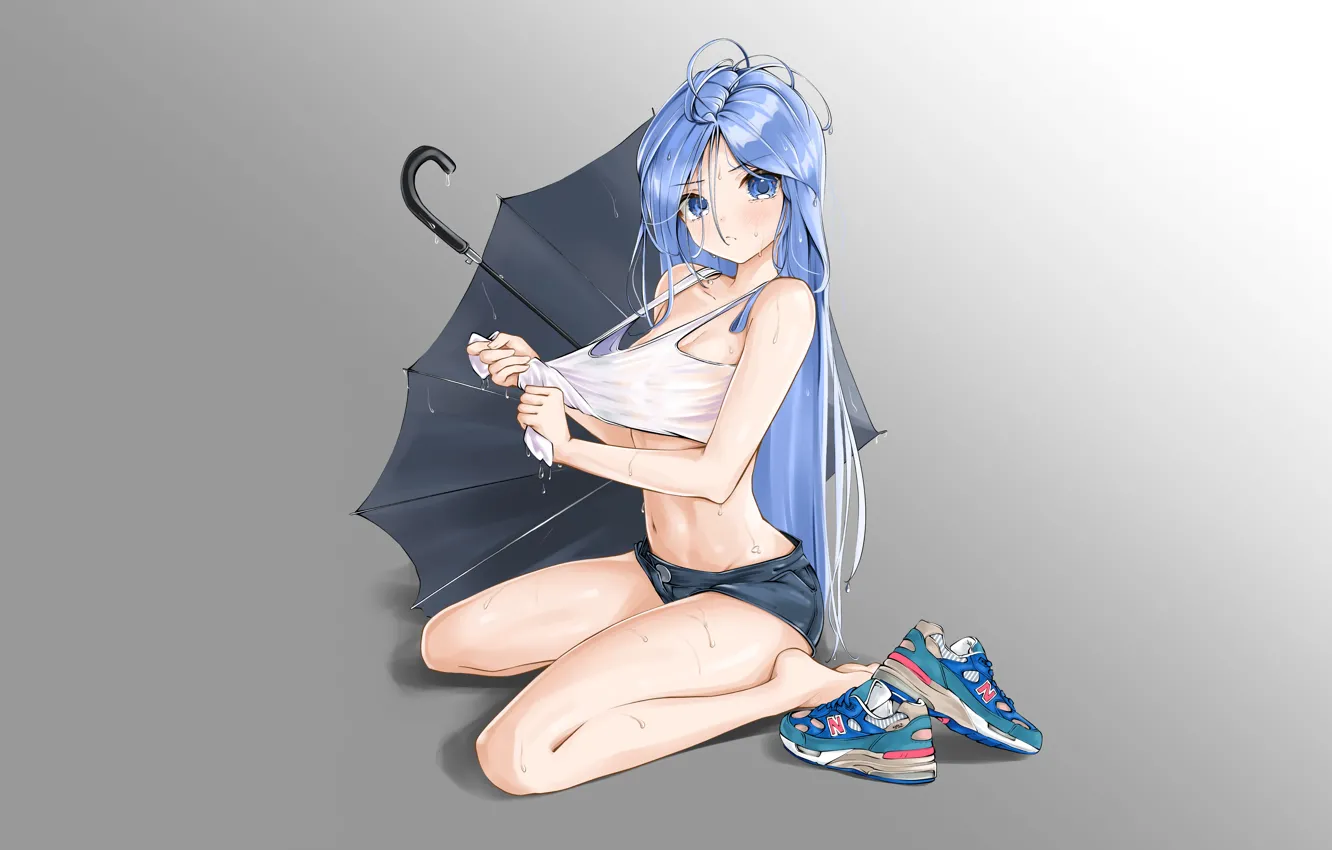 Photo wallpaper girl, sexy, cleavage, shorts, long hair, boobs, umbrella, anime