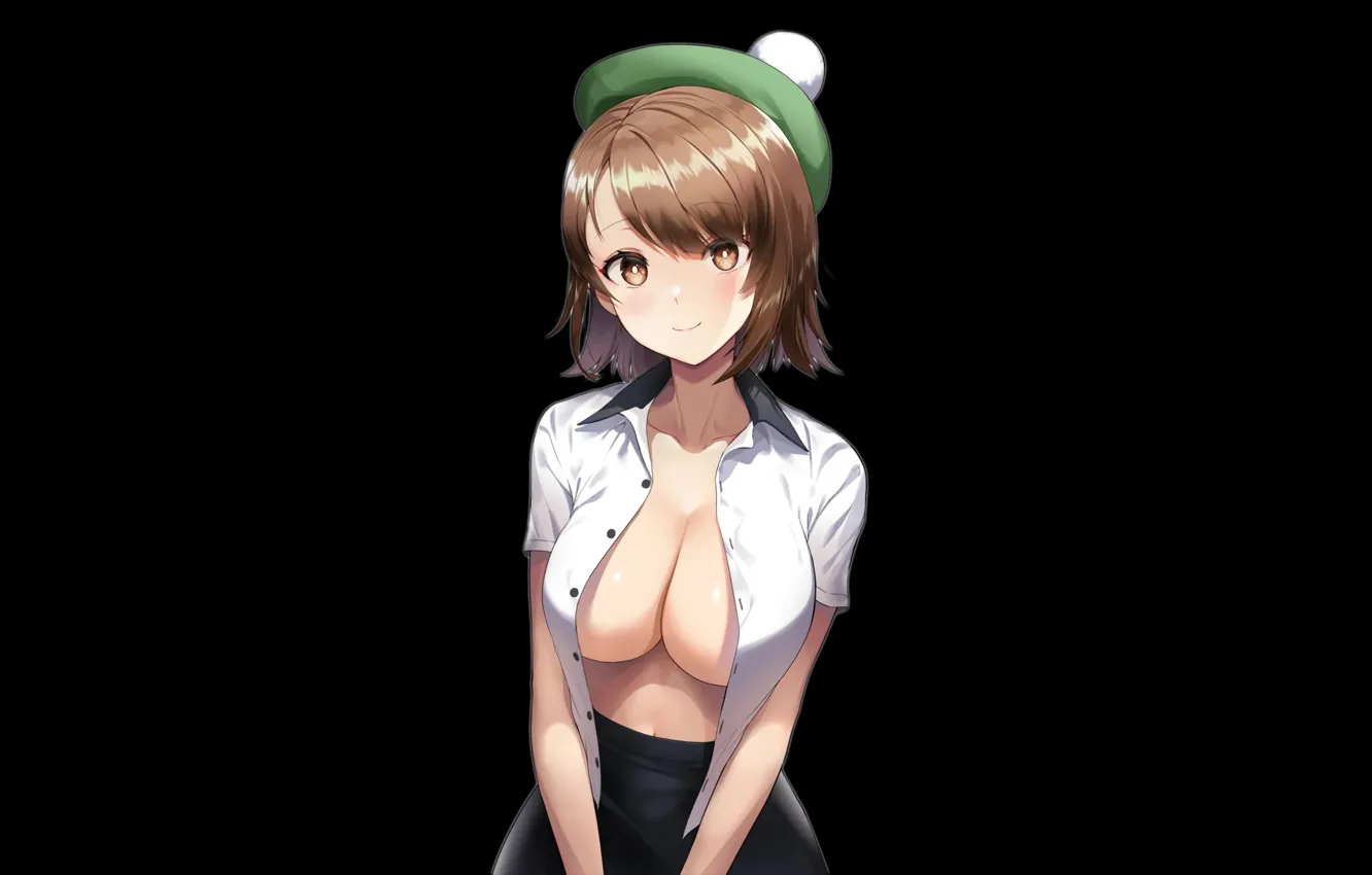 Photo wallpaper girl, sexy, cleavage, brown hair, brown eyes, boobs, anime, beautiful