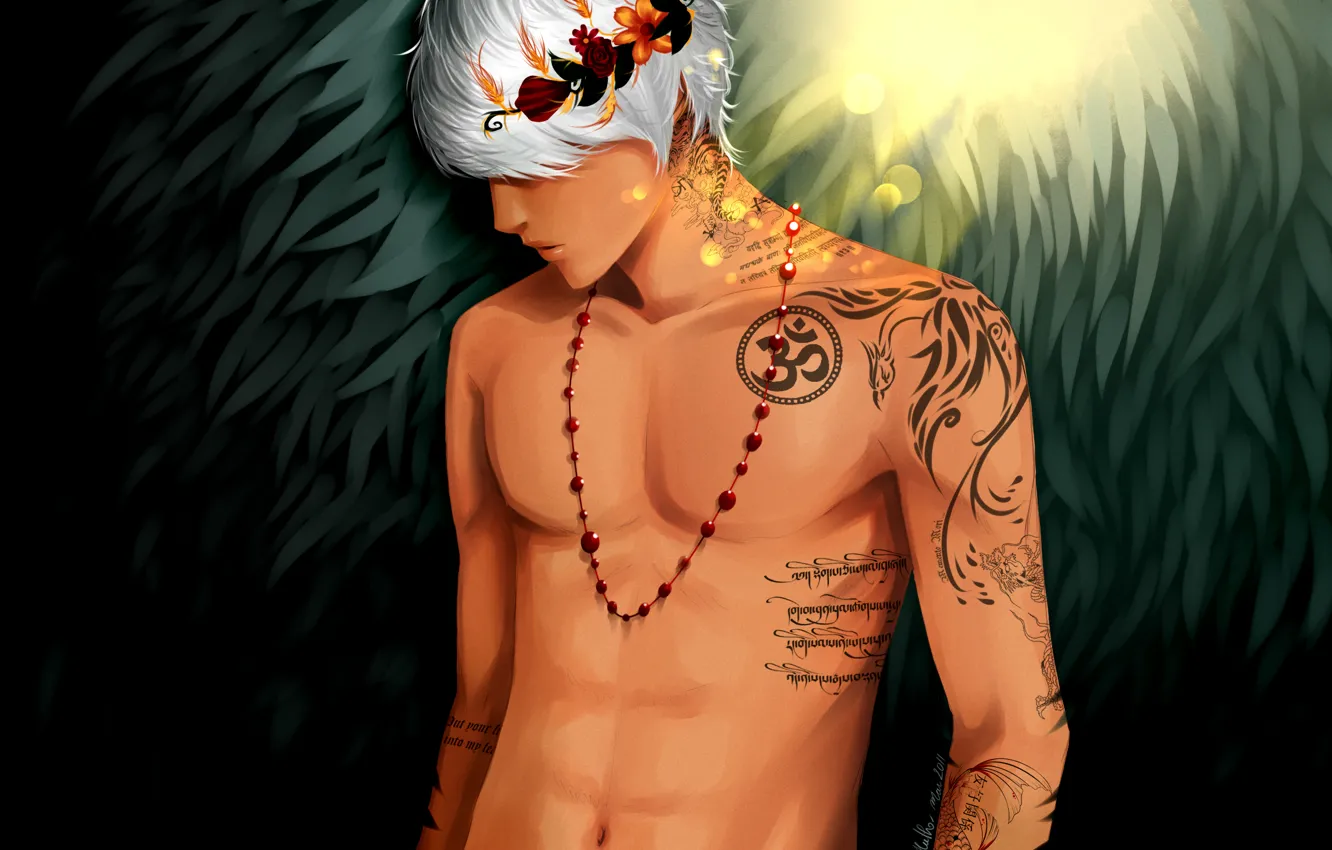 Photo wallpaper flowers, tattoo, beads, guy, Art, wreath, torso