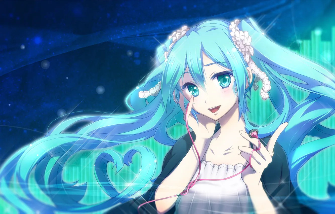 Photo wallpaper girl, smile, anime, headphones, art, vocaloid, hatsune miku, haru aki