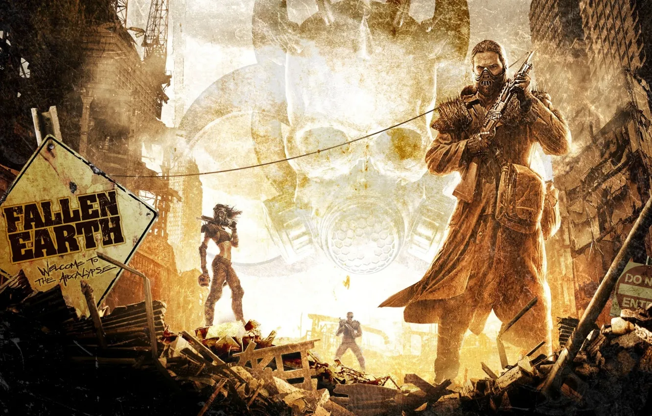 Photo wallpaper postapocalyptic, fallen earth, people with guns